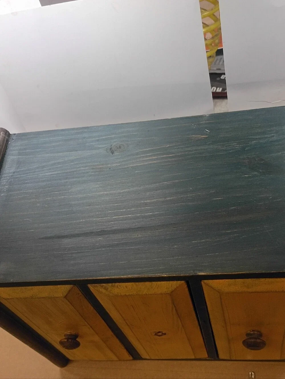 Small 3 Drawer Pine Accent Chest, Blue With Yellow Drawers, Rustic